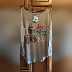 Ladies "Christmas With My Tribe" Top By Southern Grace XL Long Sleeve Tulle Lace